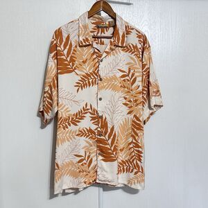 Bobby Chan Men's 100% Silk Hawaiian Shirt Floral Sz XL Orange Cream Wood Buttons